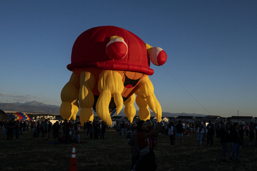 A balloon shaped like a crab prepares for liftoff during the Erie Balloon Festival on Saturday, July 11, 2026.