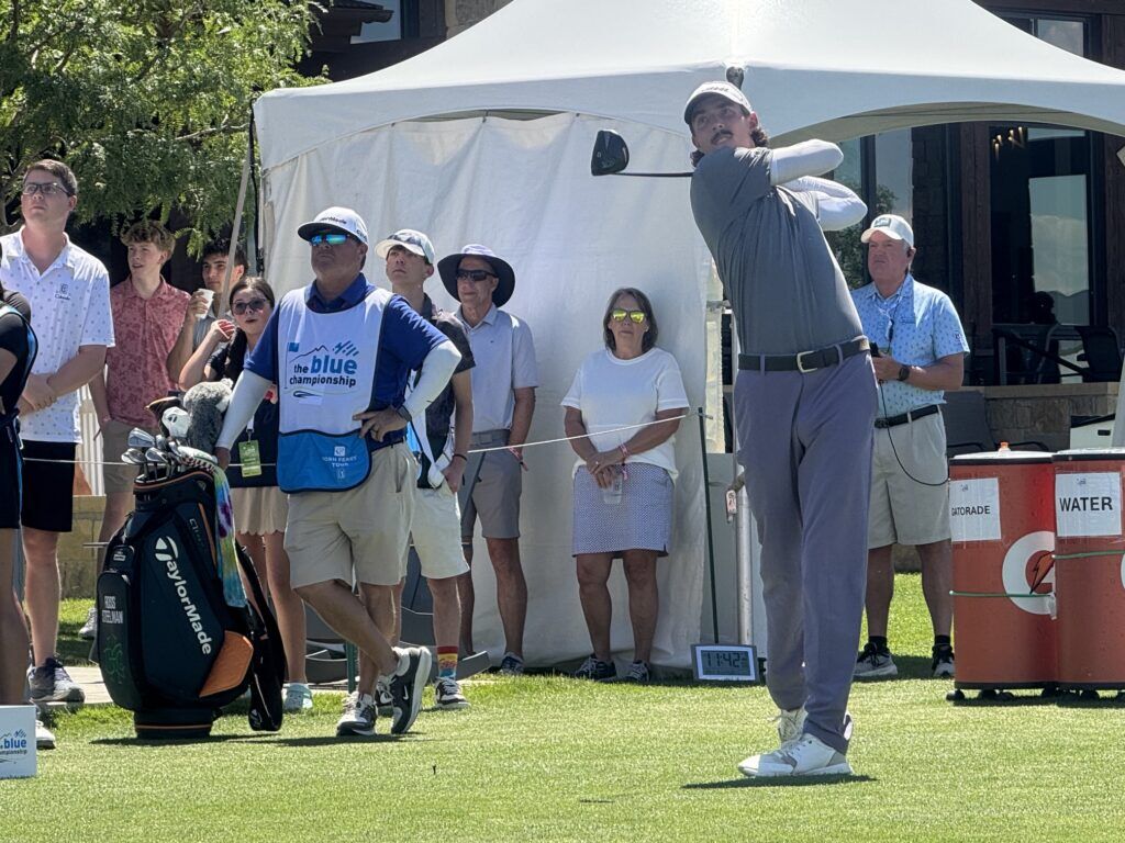 Ross Steelman hits his drive on the first hole during the third round of The Blue Championship on July 12, 2026, at TPC Colorado in Berthoud. (Chris Schmaedeke/The Denver Gazette)