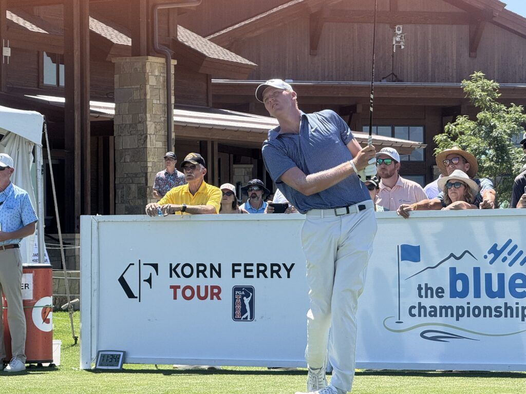 Tommy Morrison watches his tee shot on the first hole on Sunday, July 12, 2026, during the final round of The Blue Championship at TPC Colorado in Berthoud. (Chris Schmaedeke/The Denver Gazette)