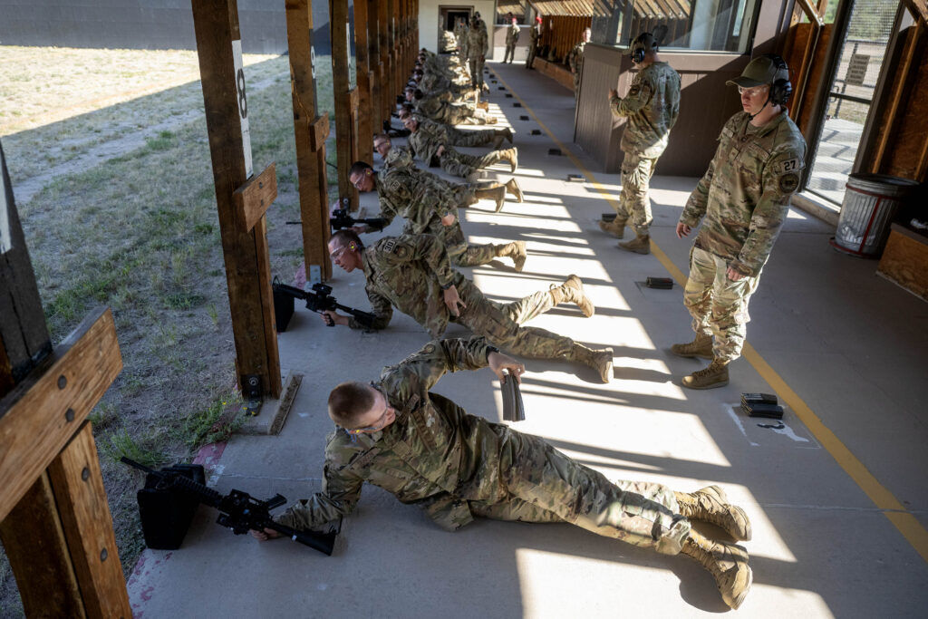 This image has an empty alt attribute; its file name is 071626-CSG-news-ms-USAFA-basic-training_0008-1-1024x683.jpg
Basic cadets lie in the prone position during M4 weapon training during Basic Cadet Training at the U.S. Air Force Academy in Colorado Springs on Thursday, July 16, 2026. (The Gazette, Michael G. Seamans)