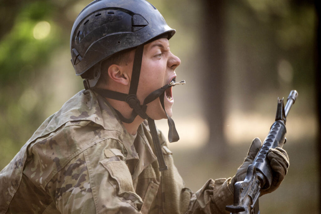 A basic cadet gives his war cry after completing an obstacle during Basic Cadet Training at the U.S. Air Force Academy in Colorado Springs on Thursday, July 16, 2026. (The Gazette, Michael G. Seamans)