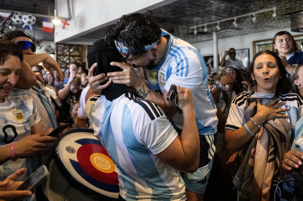 Fans celebrate as Argentina scores their second goal of the match during a watch party for the Argenitna vs England World Cup semifinal at Maria Empanadas on South Broadway on Wednesday, July 15, 2026.