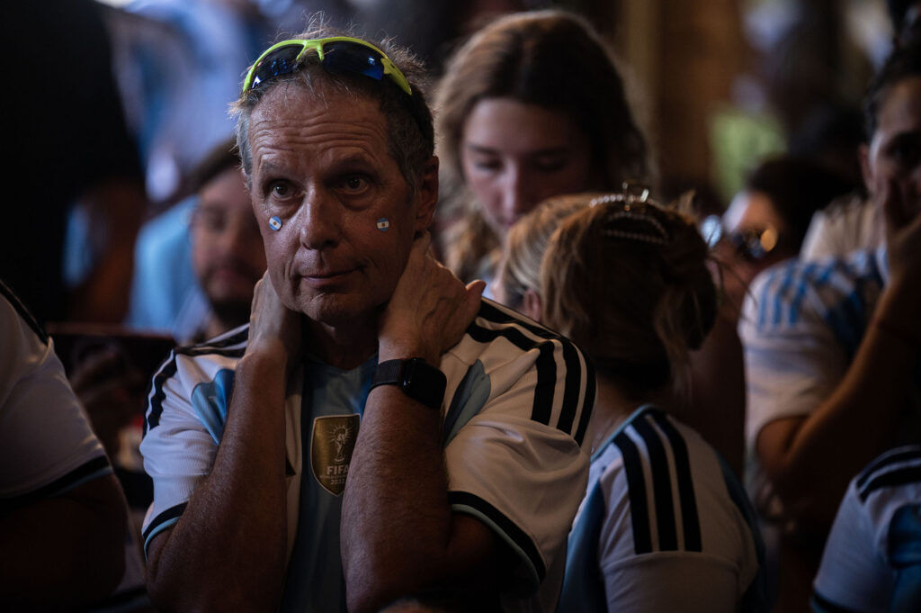 Fans react as Argentina misses a shot at goal during a watch party at Maria Empanada on South Broadway for the Argentina vs England World Cup semifinals on Wednesday, July 15, 2026.