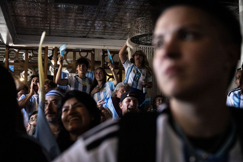Fans react during a watch party at Maria Empanada on South Broadway for the Argentina vs England World Cup semifinals on Wednesday, July 15, 2026.
