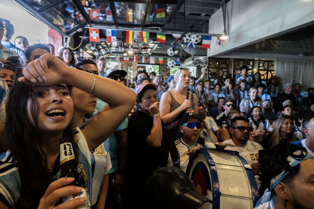 Fans react as Argentina miss a pass at goal during a watch party at Maria Empanada on South Broadway for the Argentina vs England World Cup semifinals on Wednesday, July 15, 2026.