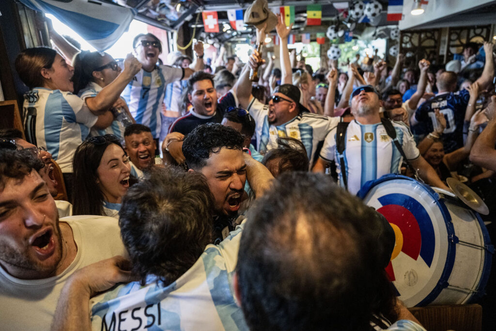 Fans celebrate as Argentina scores their second goal of the match during a watch party for the Argenitna vs England World Cup semifinal at Maria Empanadas on South Broadway on Wednesday, July 15, 2026.