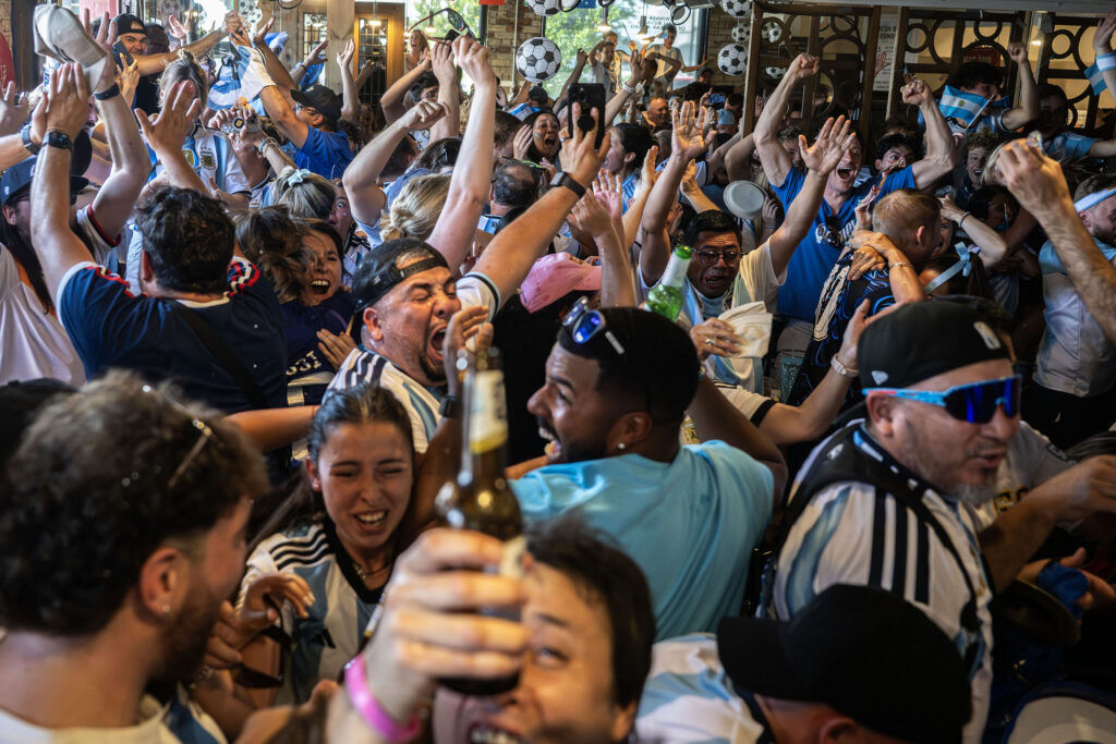 Fans celebrate as Argentina scores their second goal of the match during a watch party for the Argenitna vs England World Cup semifinal at Maria Empanadas on South Broadway on Wednesday, July 15, 2026.