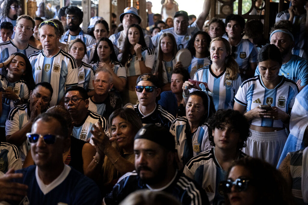 Fans react as England scores the first goal of the match during a watch party at Maria Empanada on South Broadway for the Argentina vs England World Cup semifinals on Wednesday, July 15, 2026.