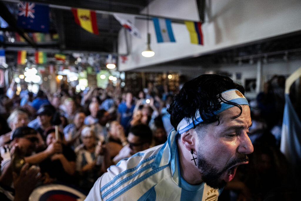 Argentina fans react as Argentina scores their first goal, tying the game in the second half during a watch party at Maria Empanada on South Broadway for the Argentina vs England World Cup semifinals on Wednesday, July 15, 2026.