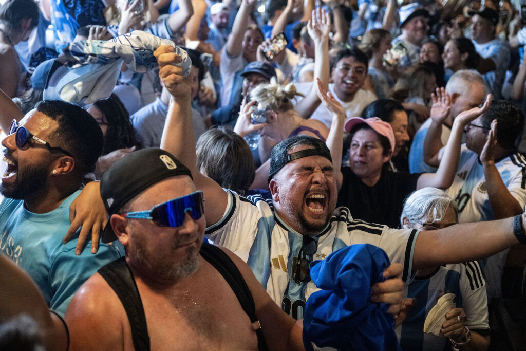 Argentina fans react as Argentina scores their first goal, tying the game in the second half during a watch party at Maria Empanada on South Broadway for the Argentina vs England World Cup semifinals on Wednesday, July 15, 2026.