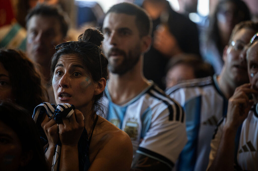 Argetnina fans react as Argentina misses a shot at goal during a watch party at Maria Empanada on South Broadway for the Argentina vs England World Cup semifinals on Wednesday, July 15, 2026.