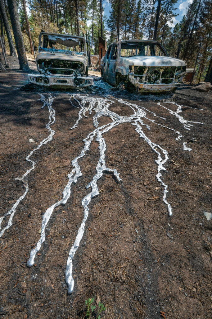 Metal from vehicles that burned in the Aspen Acres Fire ran down a hill and then hardened. Residents of Beulah were allowed to return to their homes starting, The ones whose homes were destroyed were let in first. The Beulah Volunteer Fire Department said they saved about three-quarters of the homes in the Beulah district during the Aspen Acres Fire. However, about There are about 950 residents in the district. Wednesday, July 15, 2026. (The Gazette/Jerilee Bennett)