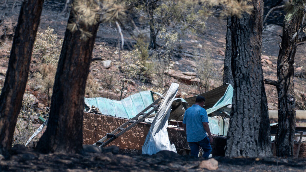 A man looks through a burned structure near Pine Dr. in Beulah after the Aspen Acres Fire on Tuesday, July 14, 2026. (The Gazette/ Jerilee Bennett)