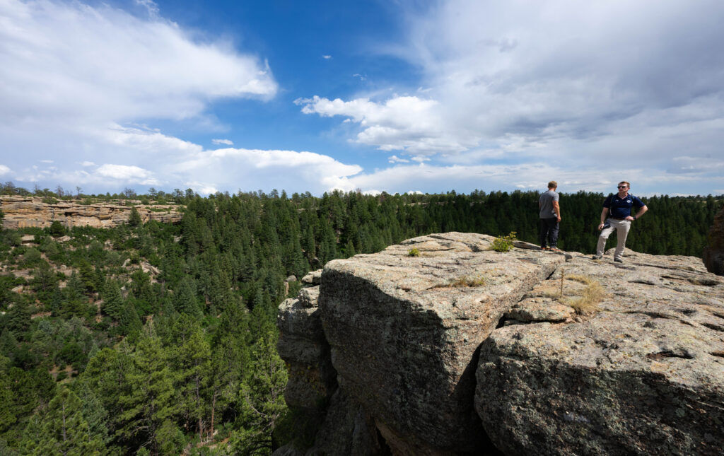 Castle Rock Parks Project Manager Matt Roth, right, and Jeff Smullen, the city's assistant director of parks and recreation, take in the view from the Overlook in the Lost Canyon Ranch Open Space on Wednesday, July 8, 2026. The 681-acre park is now open to the public. (The Gazette, Christian Murdock)