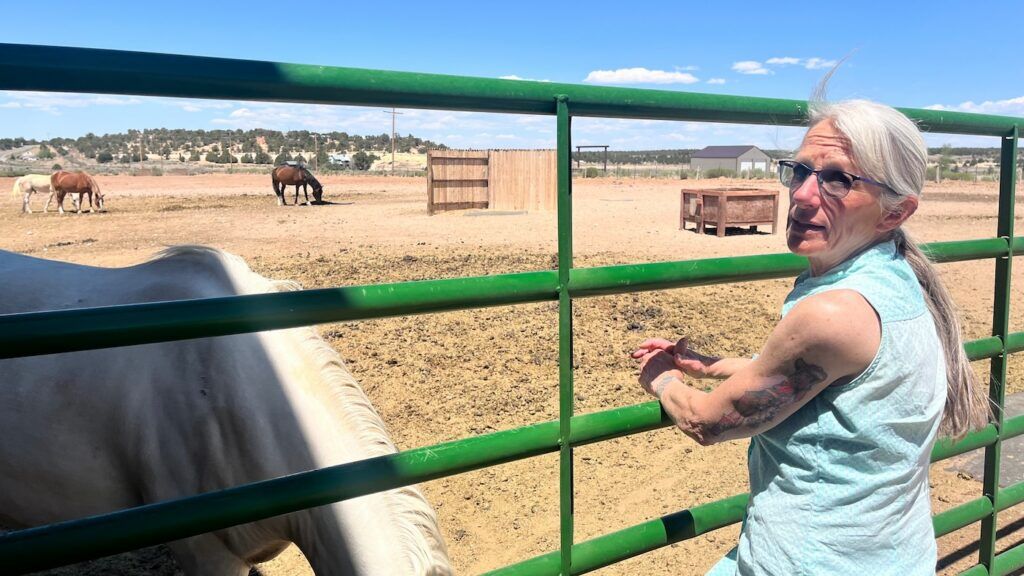 Tracy Scott at Steadfast Steeds discusses the track around her property which provides the mustangs ease of movement and allows her to quickly bring them forward to the dry lot in case of fire. (Rachael Wright, The Denver Gazette)
