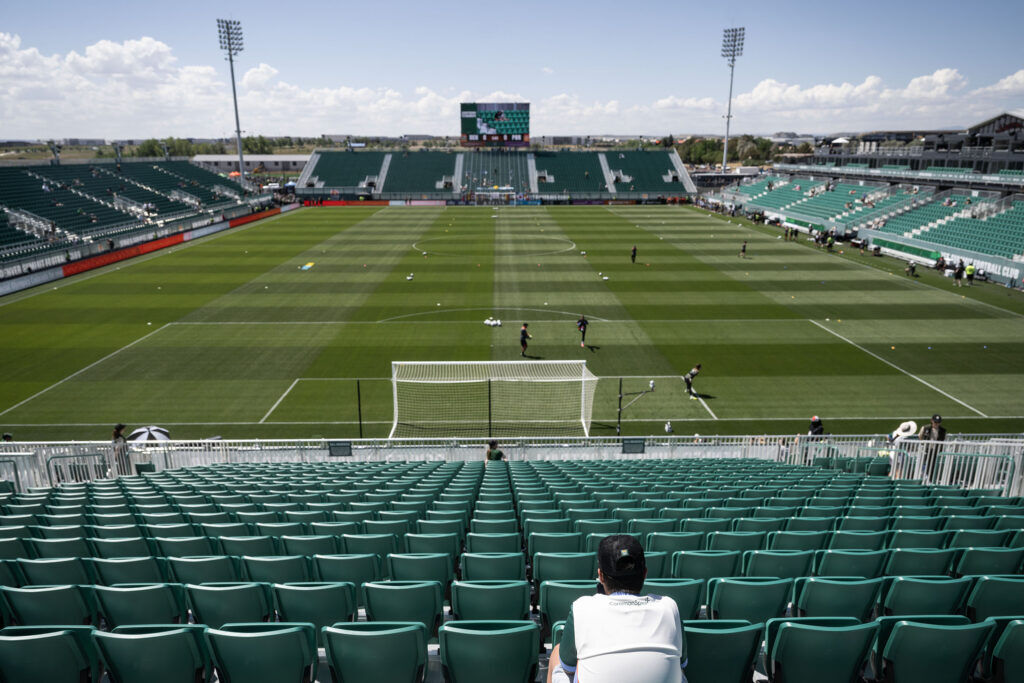 Fans find their seats at Centennial Stadium before the Summit FC vs Portland Thorns game in the brand new stadium on Saturday, July 18, 2026.