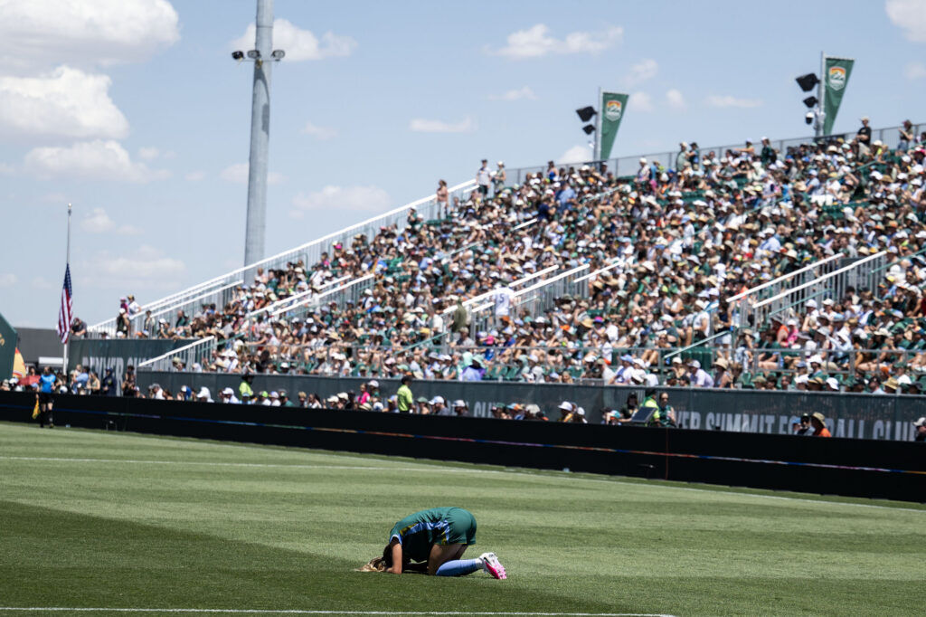 Denver Summit FC forward Janine Sonis (6) suffers an injury during the first half of Summit FC’s first game at Centennial Stadium on Saturday, July 18, 2026. Summit won against Portland Thorns FC 2-1.
