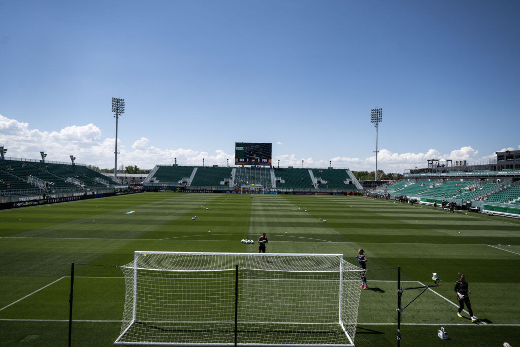 Fans find their seats at Centennial Stadium before the Summit FC vs Portland Thorns game in the brand new stadium on Saturday, July 18, 2026.