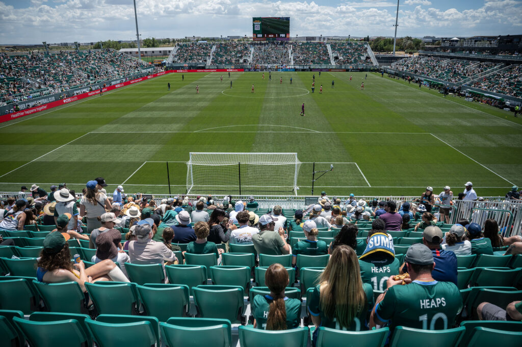 Fans watch from the north end of Centennial Stadium in the opening minutes of Summit FC’s first game at the new stadium against Portland Thorns FC on Saturday, July 18, 2026. Summit won 2-1.