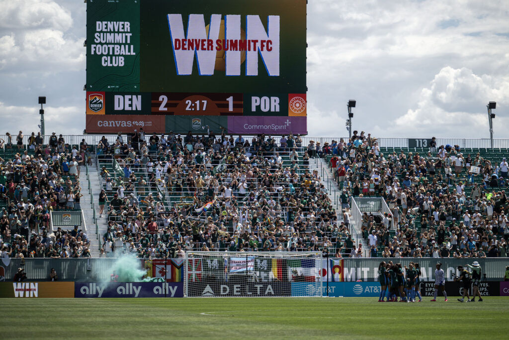 Denver Summit FC celebrate winning their first game at Centennial Stadium on Saturday, July 18, 2026. Summit won against Portland Thorns FC 2-1.