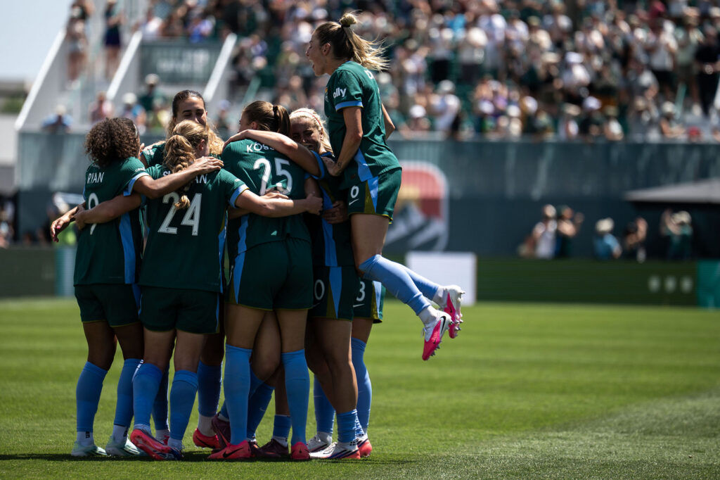 Denver Summit FC celebrate scoring their second goal in their match against Portland Thorns FC during Summit FC’s first game at Centennial Stadium on Saturday, July 18, 2026. Summit won 2-1.