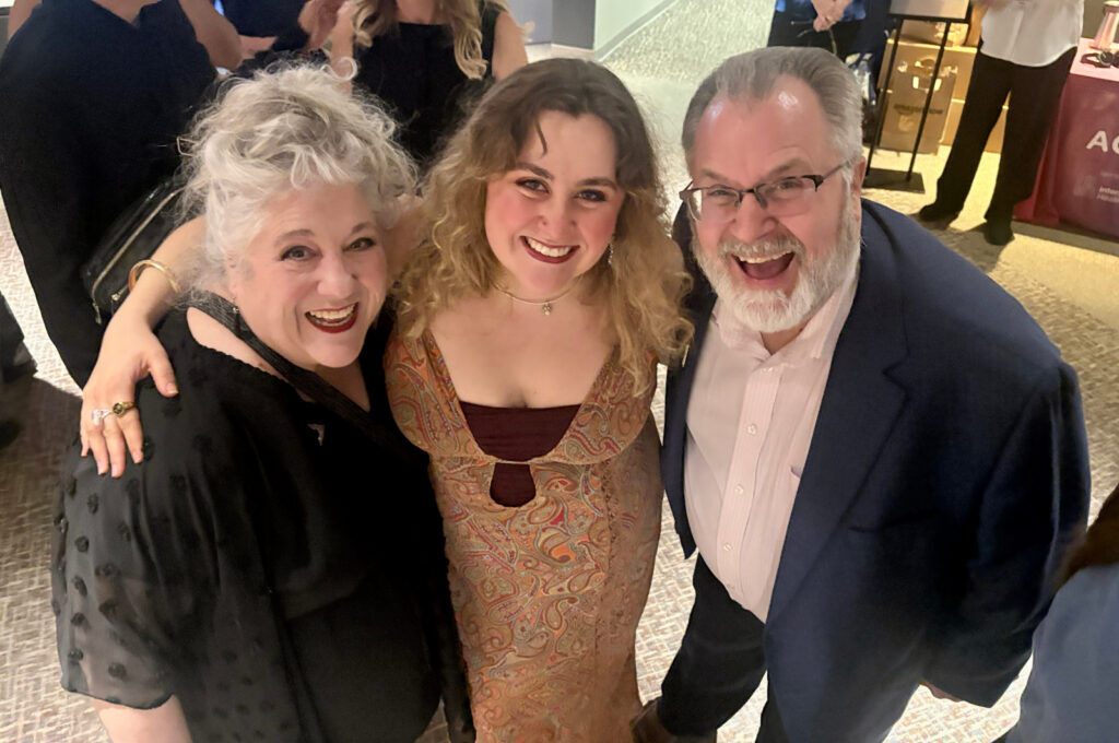 Actor Leslie O'Carroll, left won her first Henry Award on July 20, 2026. She was joined at the Arvada Center by her daughter, actor Olivia Wilson, and husband, Steve Wilson. (John Moore, The Denver Gazette.)