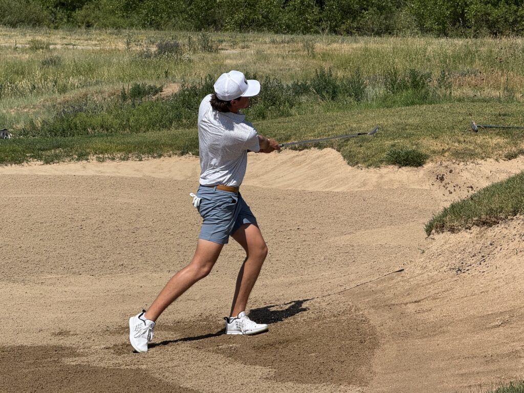 Hunter Swanson hits out of a bunker on the fourth hole on Tuesday, July 21, 2026, at Green Valley Ranch Golf Club during a practice round for the Inspirato Colorado Open. (Chris Schmaedeke, The Denver Gazette)