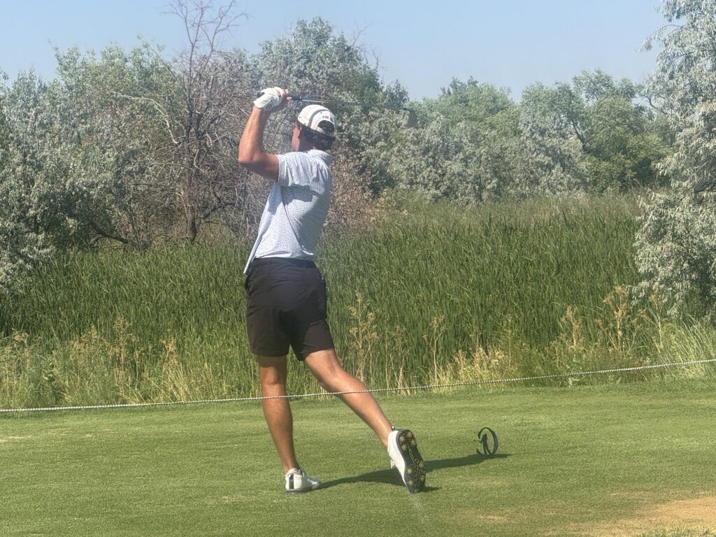Arvada's Gage Messingham hits his tee shot on the 10th hole during the second round of the Inspirato Colorado Open on July 24, 2026 at Green Valley Ranch Golf Club. (Chris Schmaedeke, The Denver Gazette)
