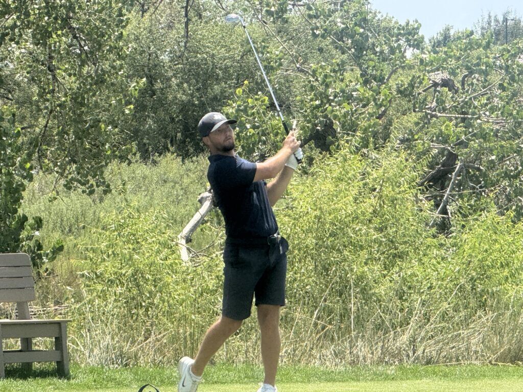 Zander Winston hits his tee shot on the 16th hole during the third round of the Colorado Open on Saturday, July 25, 2026, at Green Valley Ranch. (Chris Schmaedeke, The Denver Gazette)