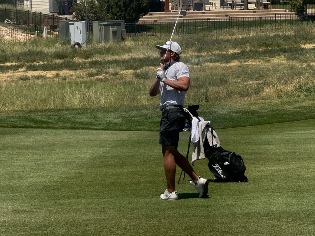 Carson Lundell hits his second shot on the 15th hole during the final round of the Inspirato Colorado Open on Sunday, July 26, 2026, at Green Valley Ranch Golf Club. (Chris Schmaedeke, The Denver Gazette)