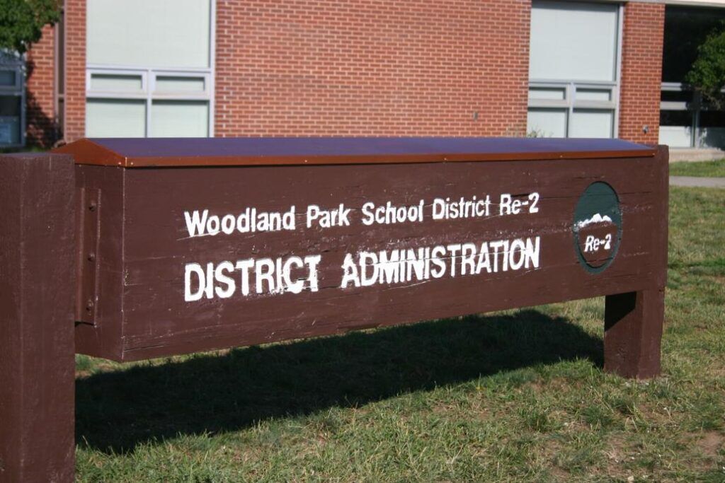 The sign outside the Woodland Park School District’s administration building. (Courier file)