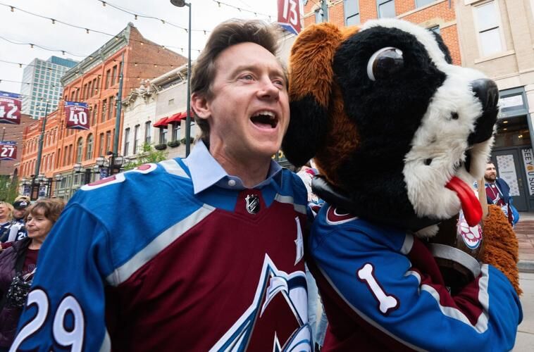Denver Mayor Mike Johnston joins Avalanche mascot Bernie
