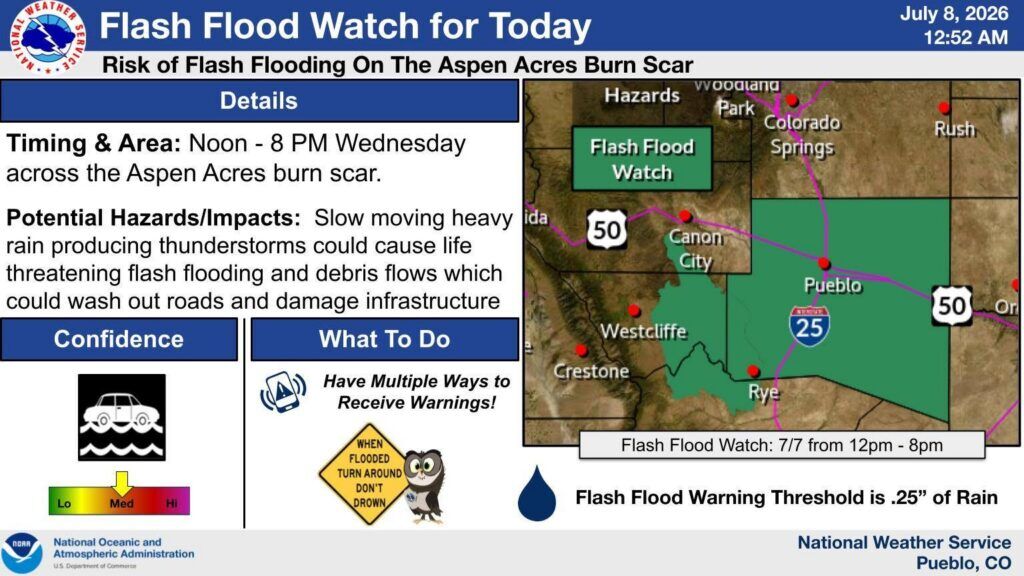 A look at the flash flood risk for the area of the Aspen Acres fire through 8 p.m. on July 8. Image: National Weather Service.