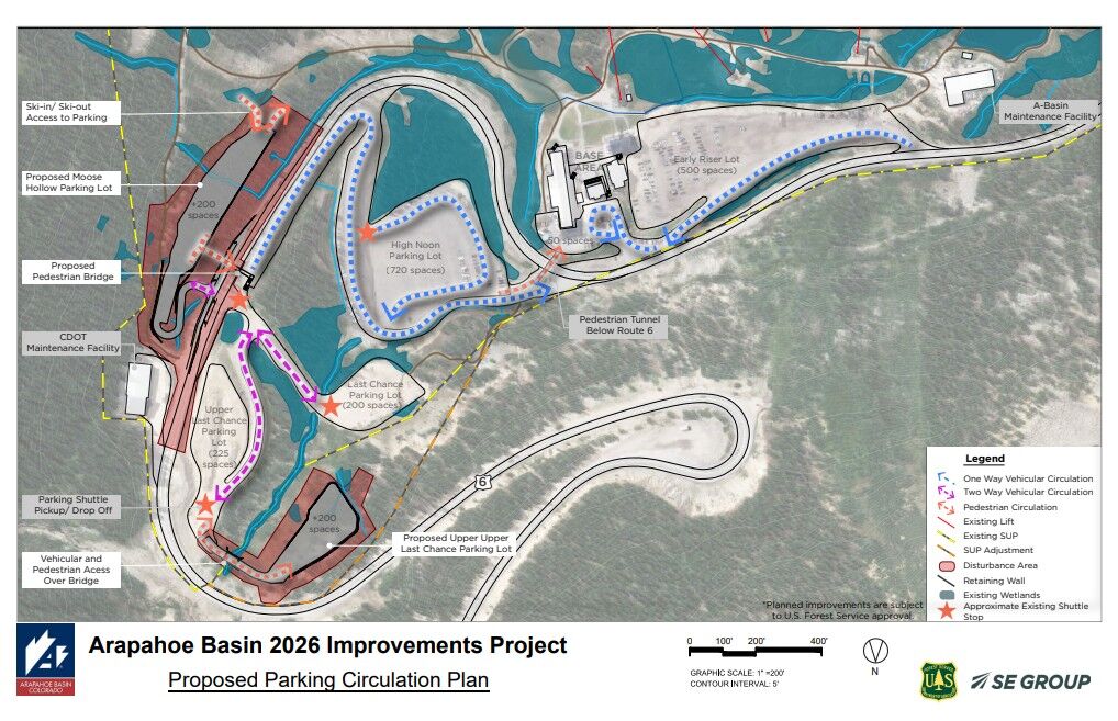 A map of new parking lots and a pedestrian bridge proposed at Arapahoe Basin Ski Area. Courtesy photo