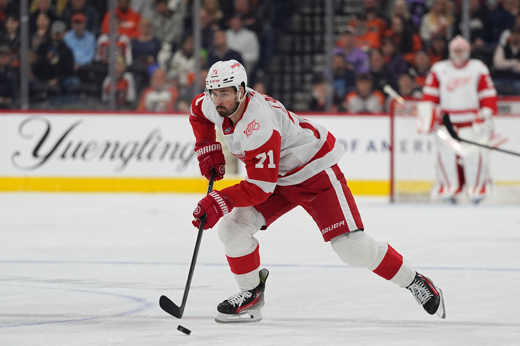 FILE - Detroit Red Wings' Dylan Larkin in action during an NHL hockey game, April 2, 2026, in Philadelphia. (AP Photo/Matt Rourke.File)