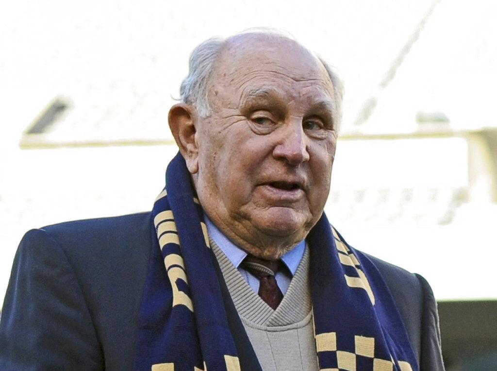 FILE - In this April 10, 2010, file photo, Walter Bahr, the last living member of the U.S. soccer team that upset England at the 1950 World Cup, speaks before an MLS soccer game between D.C. United and the Philadelphia Union, in Philadelphia. Bahr has died at age 91. Bahr died Monday, June 18, 2018, in Boalsburg, Pennsylvania from complications that resulted from a broken hip, according to granddaughter Lindsey D. Bahr, a film writer for The Associated Press. (AP Photo/Drew Hallowell, Pool, File)