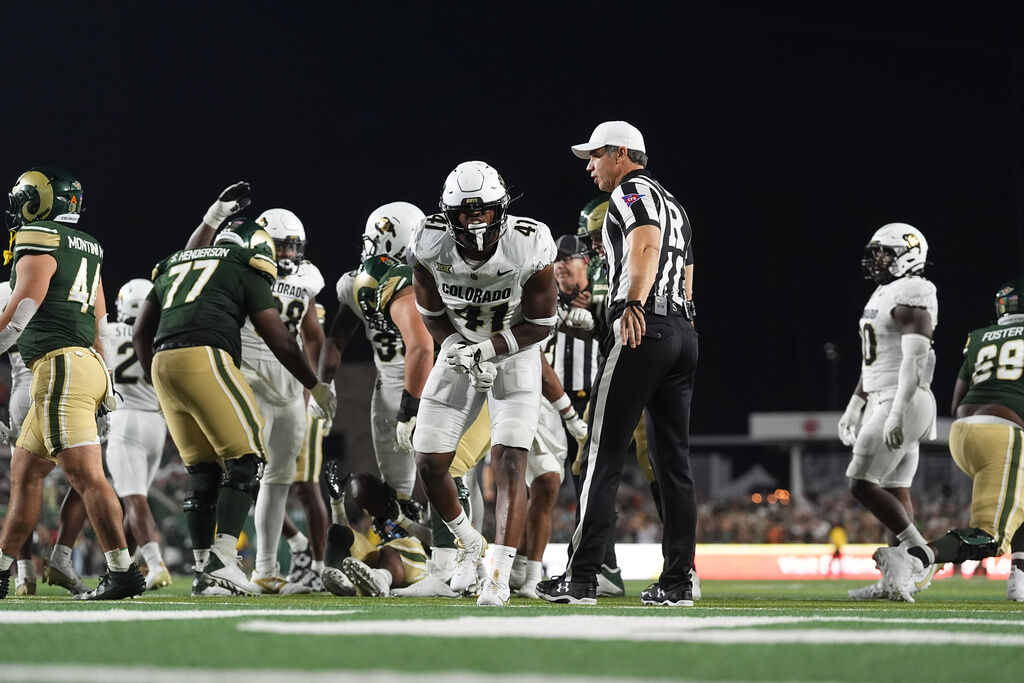 Colorado linebacker Nikhai Hill-Green (41) reacts after making a stop in the second half of an NCAA college football game against Colorado State Saturday, Sept. 14, 2024, in Fort Collins, Colo. (AP Photo/David Zalubowski)
