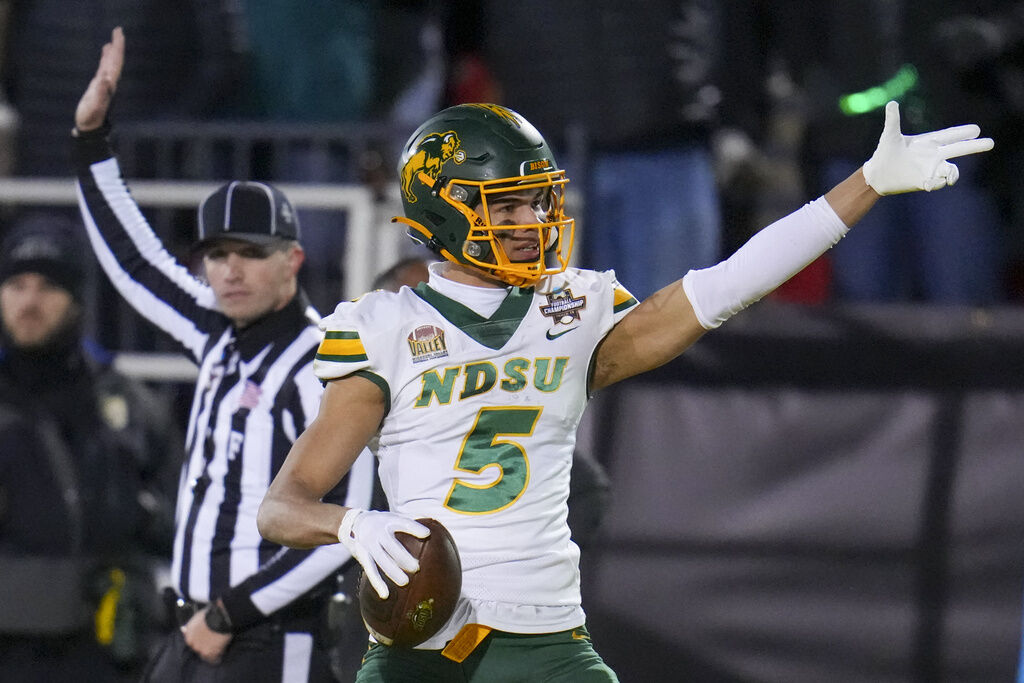 FILE - North Dakota State wide receiver Bryce Lance gestures after making a catch against Montana State during the second half of the FCS Championship NCAA college football game, Monday, Jan. 6, 2025, in Frisco, Texas. North Dakota State won 35-32. (AP Photo/Julio Cortez, File)