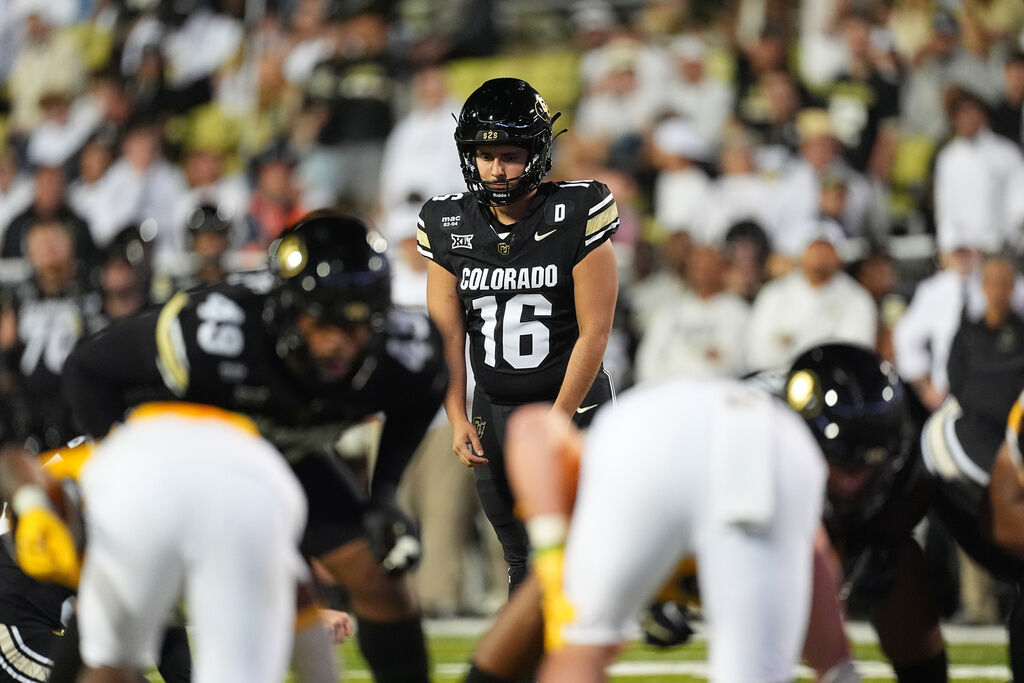 Colorado place kicker Alejandro Mata (16) prepares to attempt a field goal against Wyoming in the second half of an NCAA college football game Saturday, Sept. 20, 2025, in Boulder, Colo. (AP Photo/David Zalubowski)