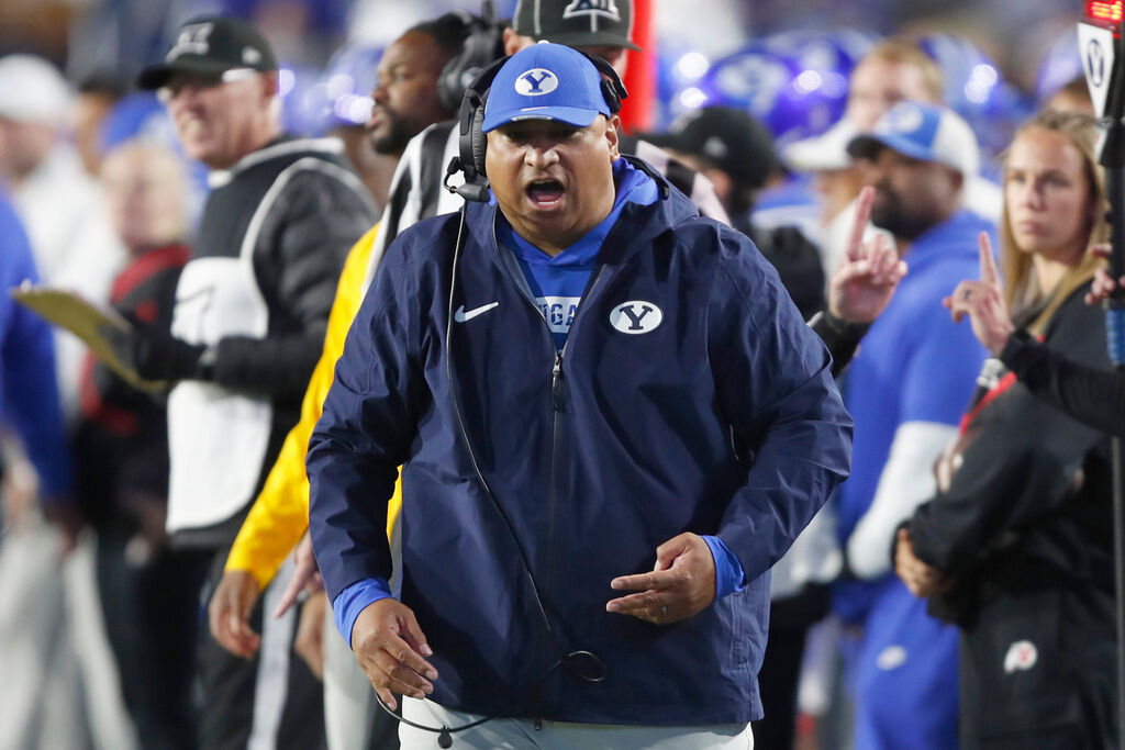 BYU head coach Kalani Sitake yells at an official during the second half of an NCAA college football game against Utah Saturday, Oct. 18, 2025, in Provo, Utah. (AP Photo/George Frey)