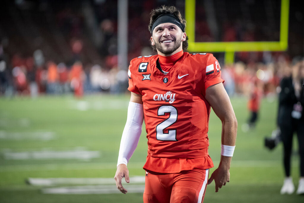 Cincinnati quarterback Brendan Sorsby (2) walks off the field after a NCAA college football game against Baylor, Oct. 25, 2025, in Cincinnati. (AP Photo/Tanner Pearson, file)