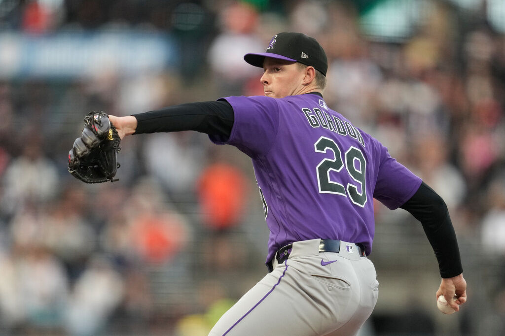 Colorado Rockies pitcher Tanner Gordon during a baseball game against the San Francisco Giants, Friday, July 10, 2026, in San Francisco. (AP Photo/Jeff Chiu)