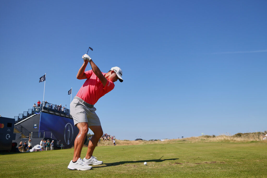 Collin Morikawa of the United States plays his tee shot on the 2nd tee during a practice round for the British Open Golf championships at Royal Birkdale golf club, in Southport, England, Tuesday, July 14, 2026. (AP Photo/Peter Morrison)