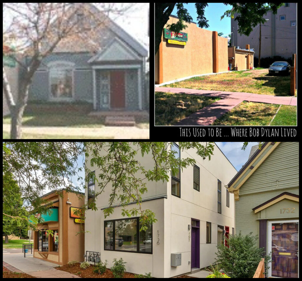 Clockwise from top left: The house Bob Dylan actually lived in at 1736 E. 17th Ave. in Denver. The vacant lot after it was torn down. The Diamond Sky Townhomes that have sprung up in its place. (Zillow and John Moore, The Denver Gazette)