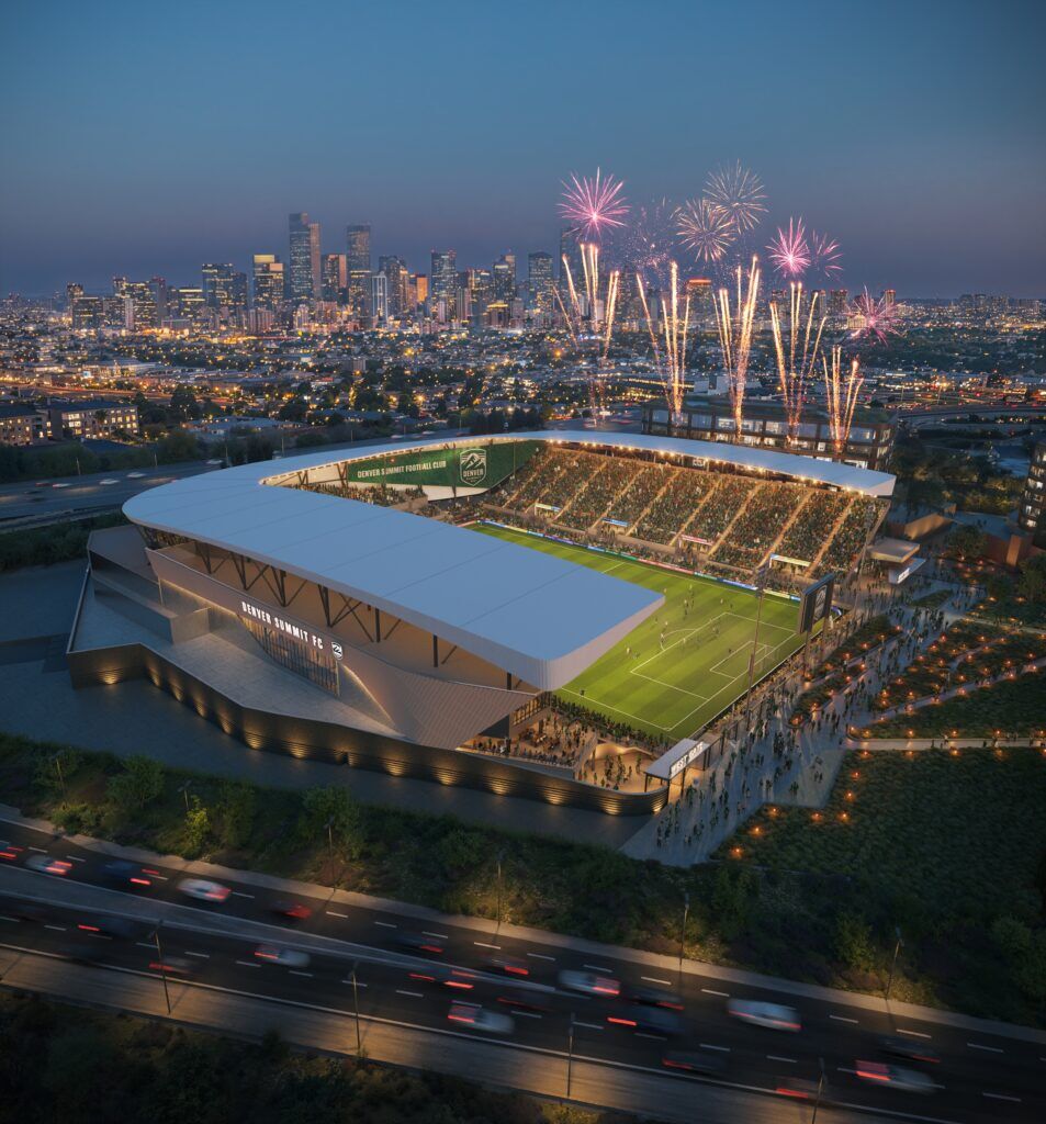 New artist rendering of the Denver Summit's Santa Fe Yards stadium