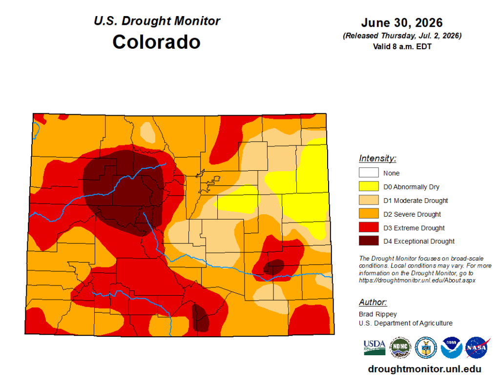 A map of the state of the Colorado that shows extreme drought.