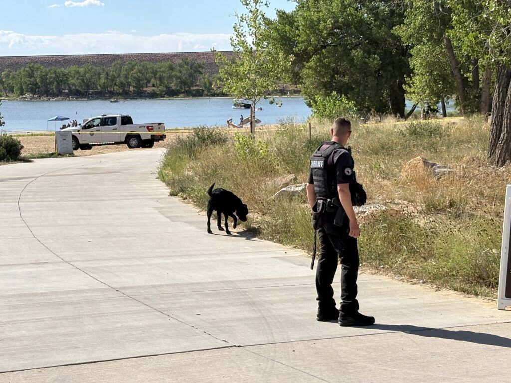 A heavy police presence at the Cherry Creek State Park Swim Beach after multiple shots were fired on July 13, 2026. (Courtesy of Arapahoe County Sheriffs Office)