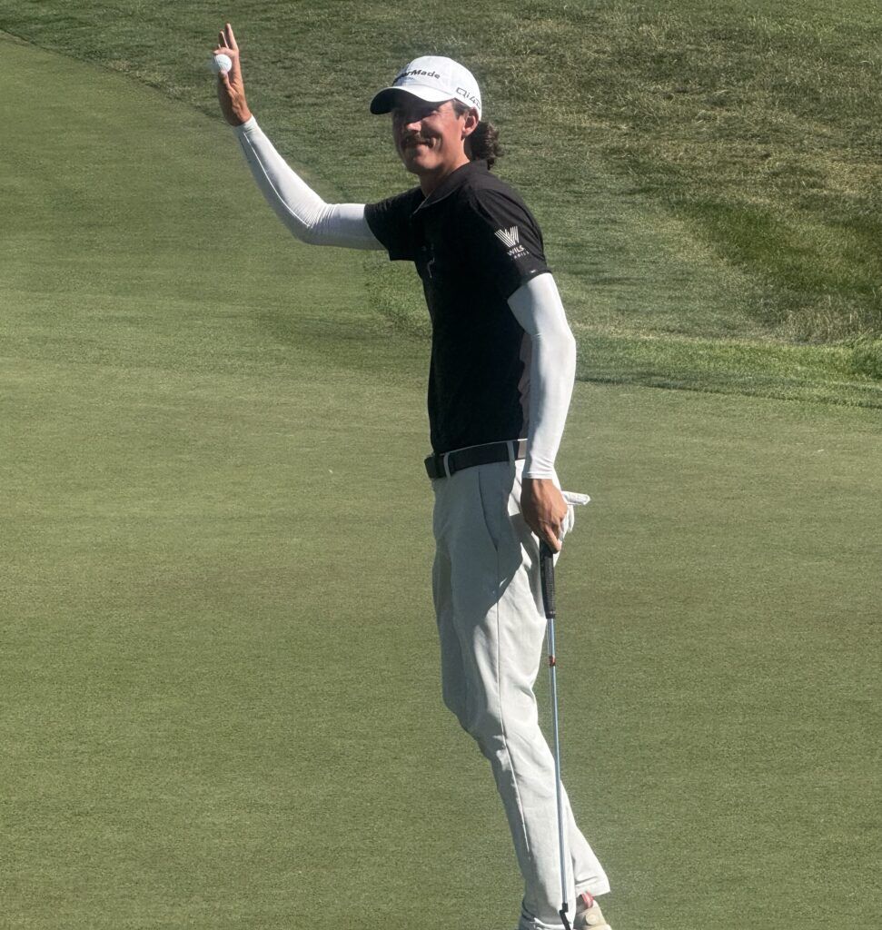 Ross Steelman waves to the crowd after making par on the 18th hole to win The Blue Championship on July 13, 2026 at TPC Colorado in Berthoud. (Chris Schmaedeke/The Denver Gazette)