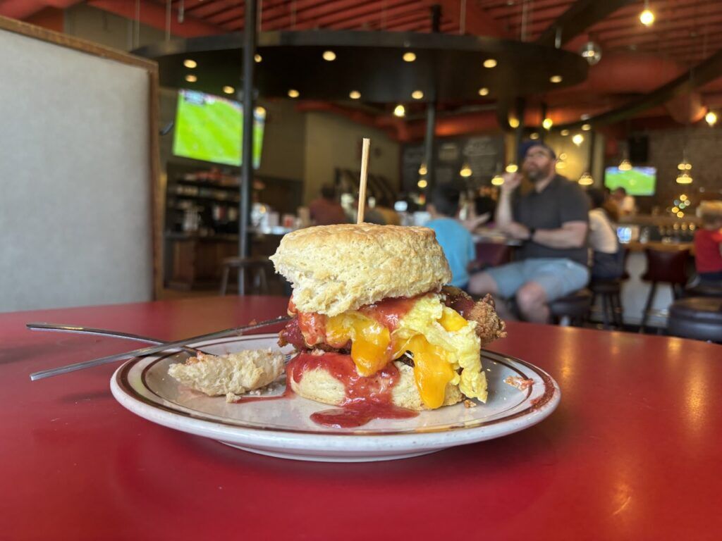 A biscuit from Denver Biscuit Co. at Atomic Cowby during a World Cup game. (Bernadette Berdychowski / The Denver Gazette)