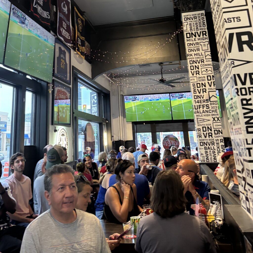 Inside DNVR Bar during a U.S. knockout game for the World Cup. (Bernadette Berdychowski / The Denver Gazette)